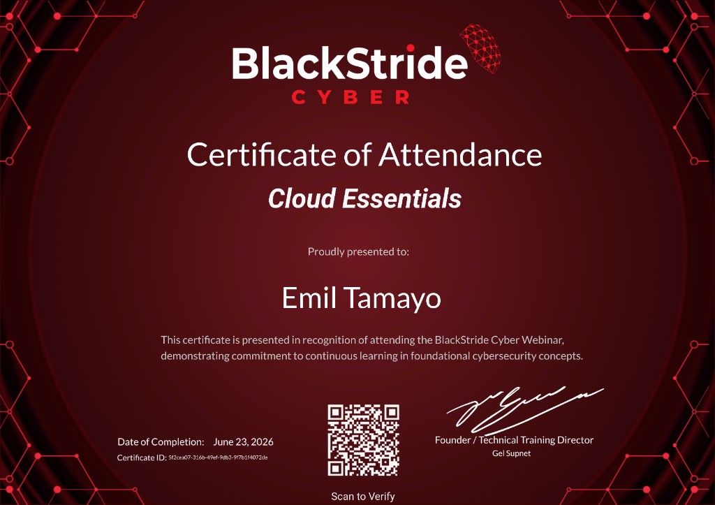 Cloud Essentials certificate from BlackStride Cyber